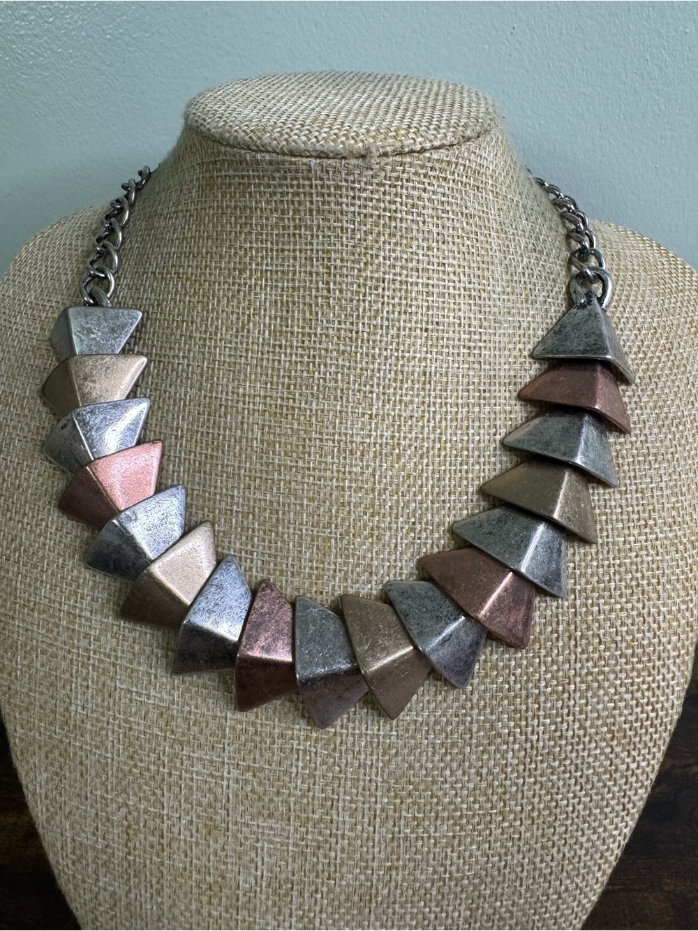Tri-Tone Metallic Antiqued Statement Necklace - Modern Geometric Jewelry
